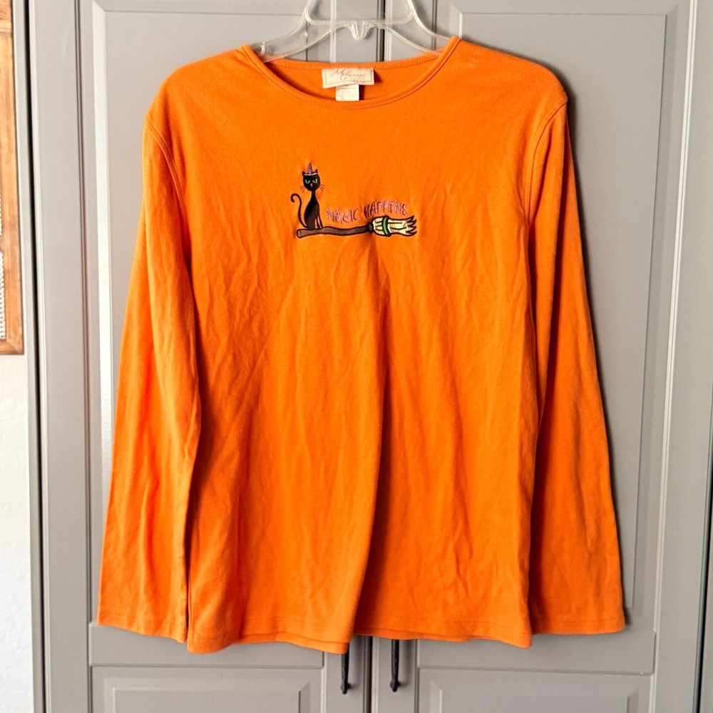 M&C Sportswear Vintage Halloween Magic Happens Cat Embroidery T-Shirt,Orange, XL